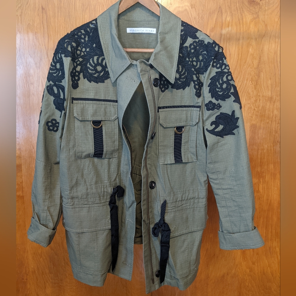Veronica Beard Heritage Lace Trim Utility Jacket, Large, Green